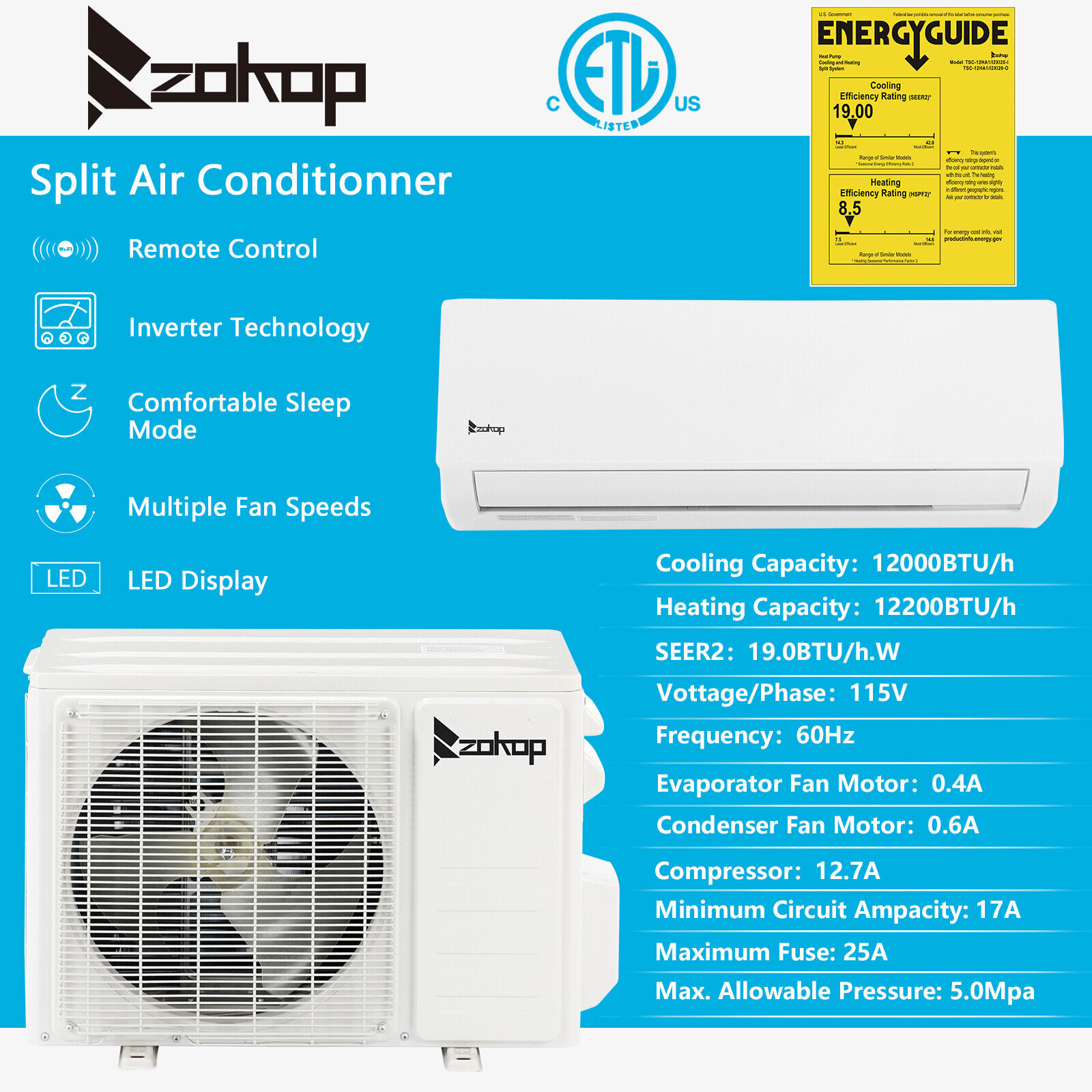 Ductless Mini-Split Heat Pump Air Conditioner 12000 BTU