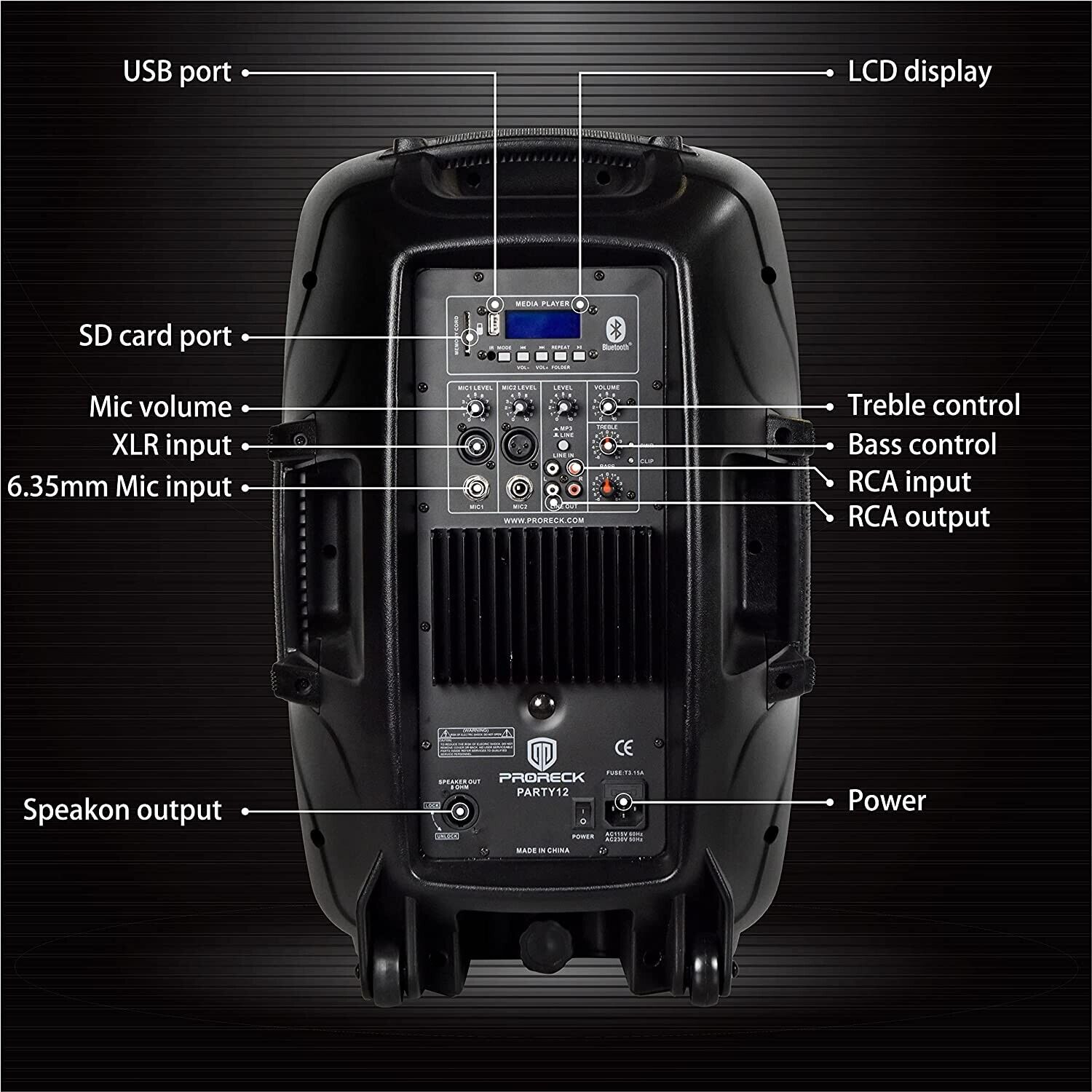 PRORECK 1000W 2-Way PA Speaker System with Bluetooth