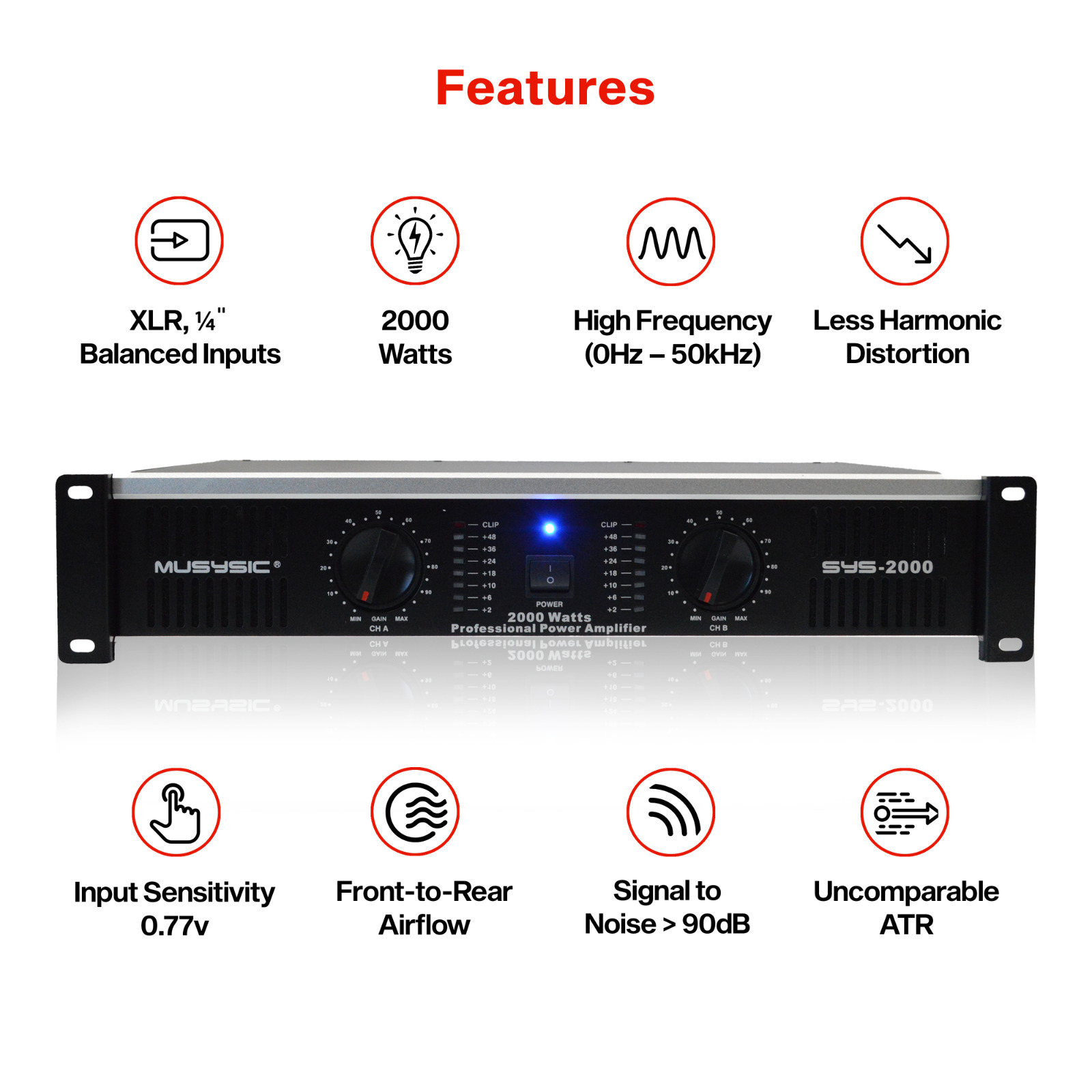 MUSYSIC 2-Channel 2000W Professional DJ PA Power Amplifier