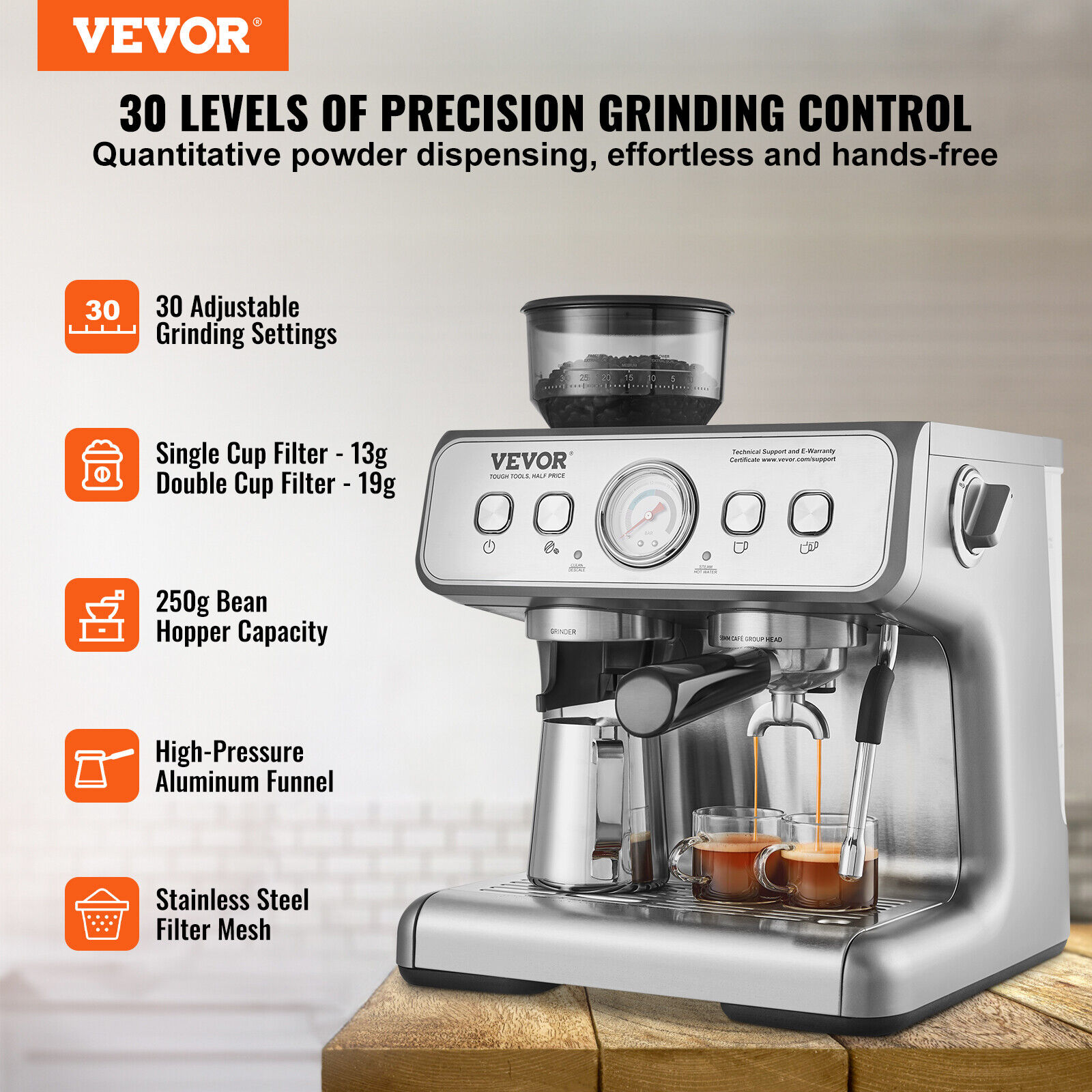 VEVOR 15 Bar Semi Automatic Espresso Machine with Grinder