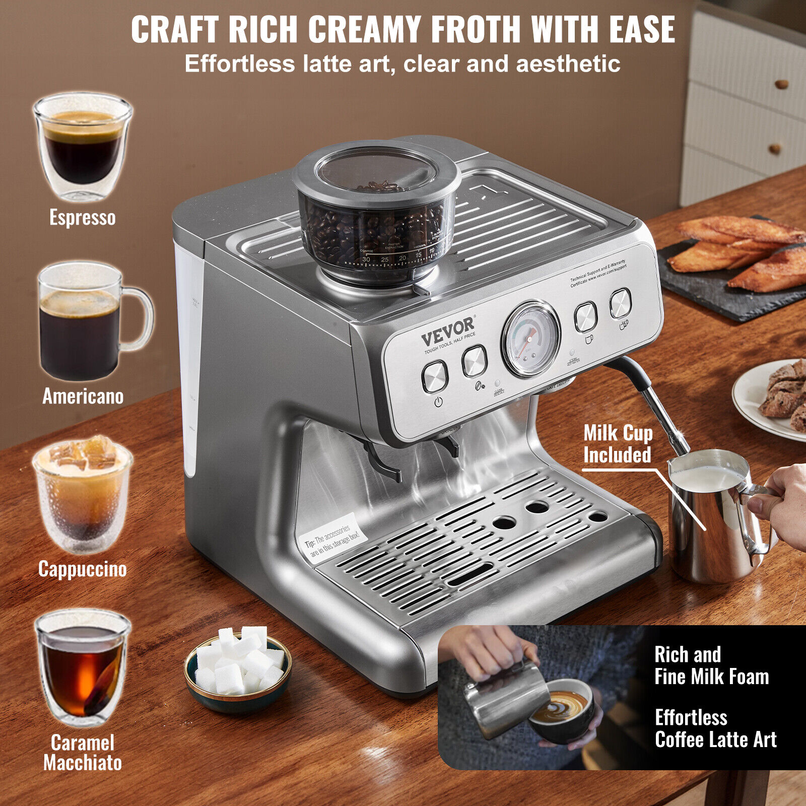 VEVOR 15 Bar Semi Automatic Espresso Machine with Grinder