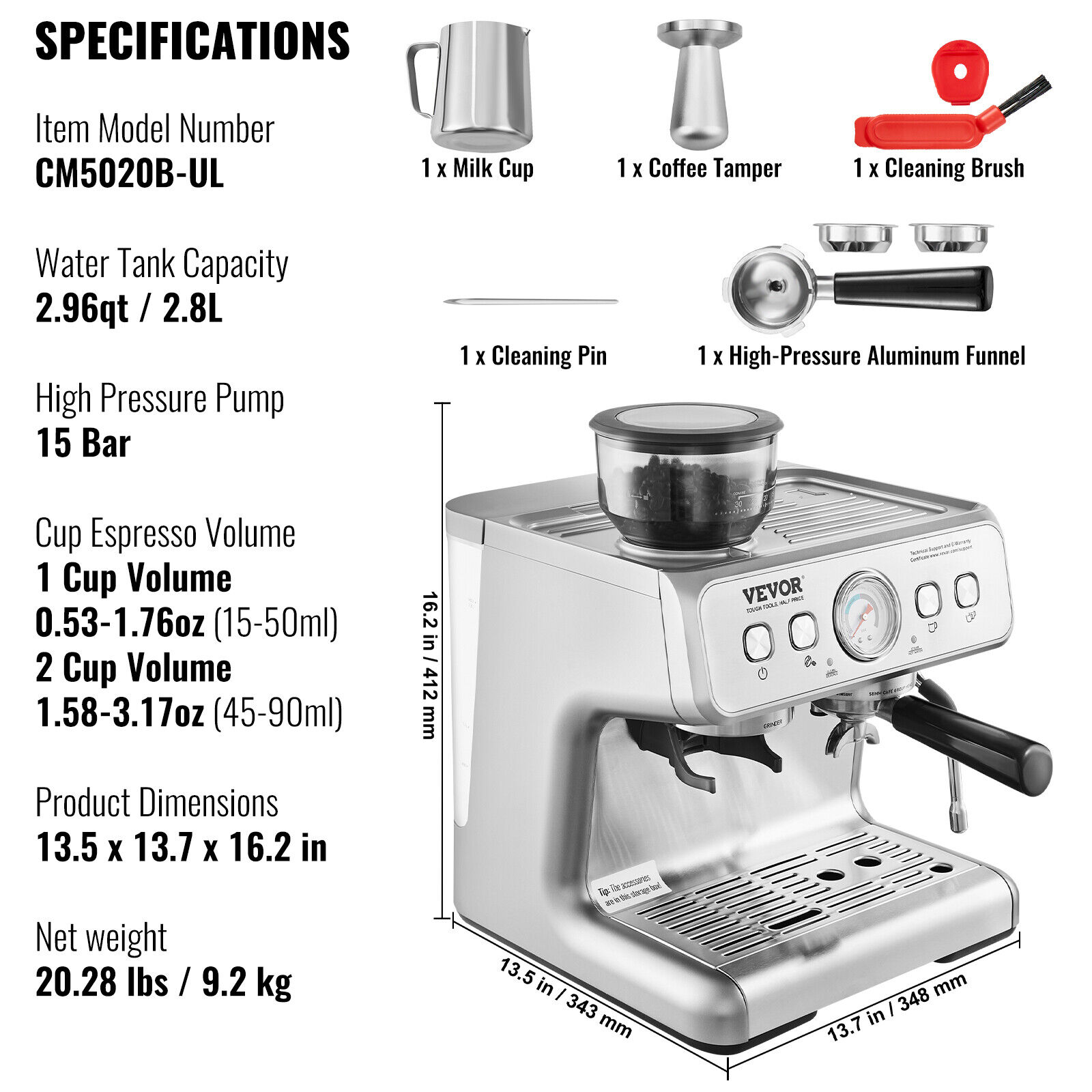 VEVOR 15 Bar Semi Automatic Espresso Machine with Grinder