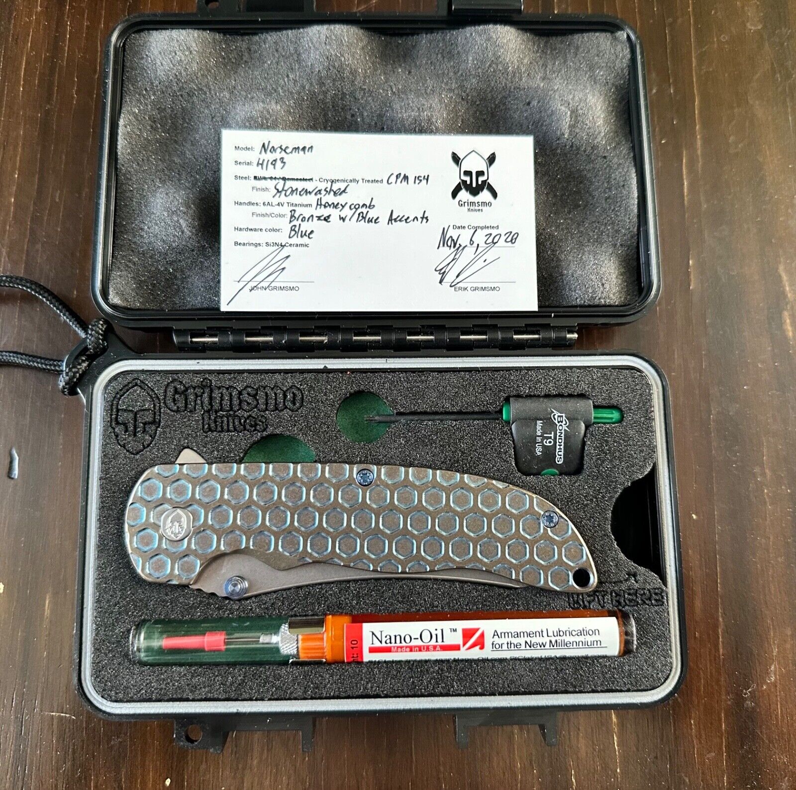 Grimsmo Norseman, CPM 154, Bronze Blue Honeycomb Ti
