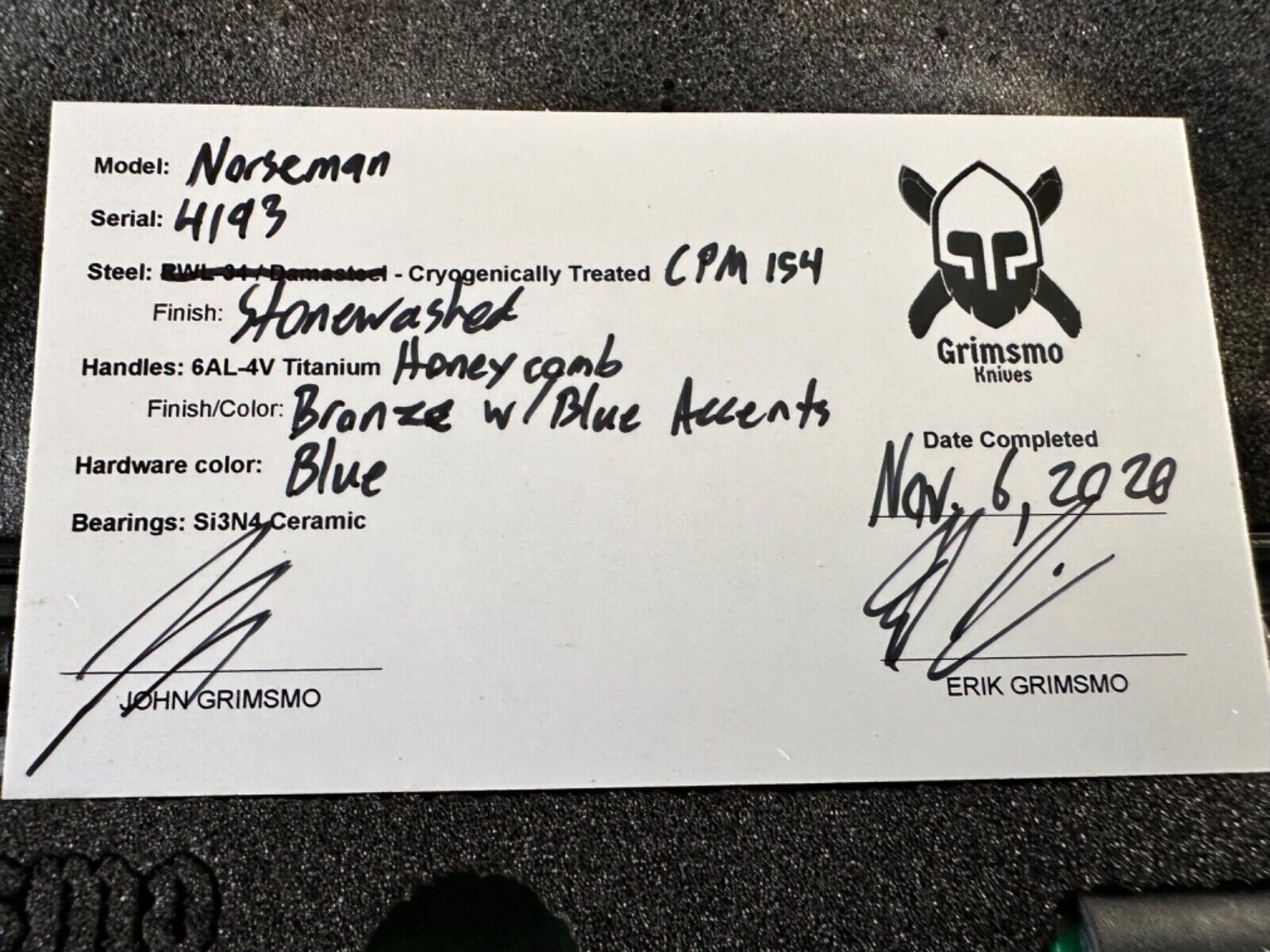 Grimsmo Norseman, CPM 154, Bronze Blue Honeycomb Ti