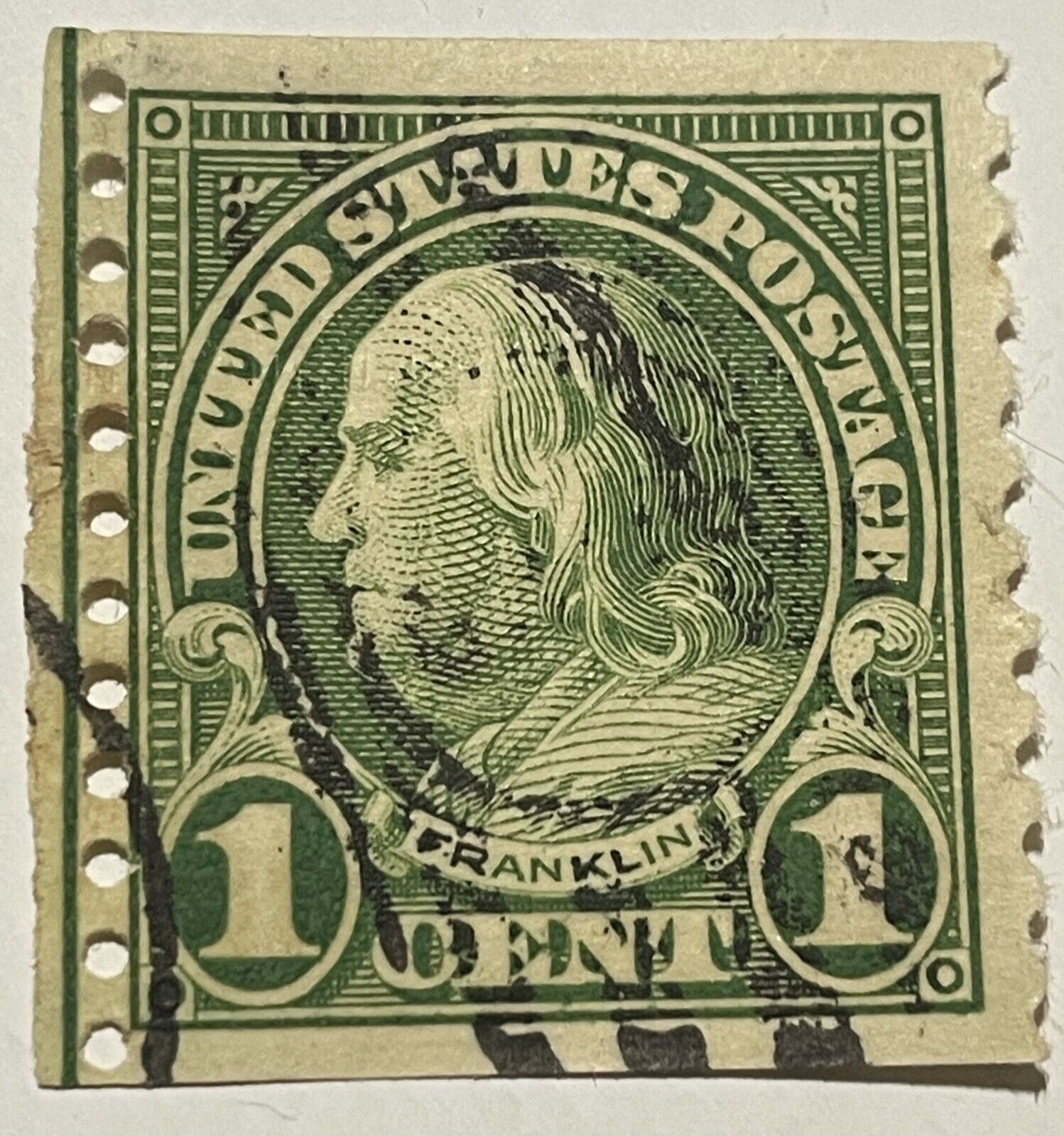 Rare MISCUT US Ben Franklin 1 Cent Green Stamp