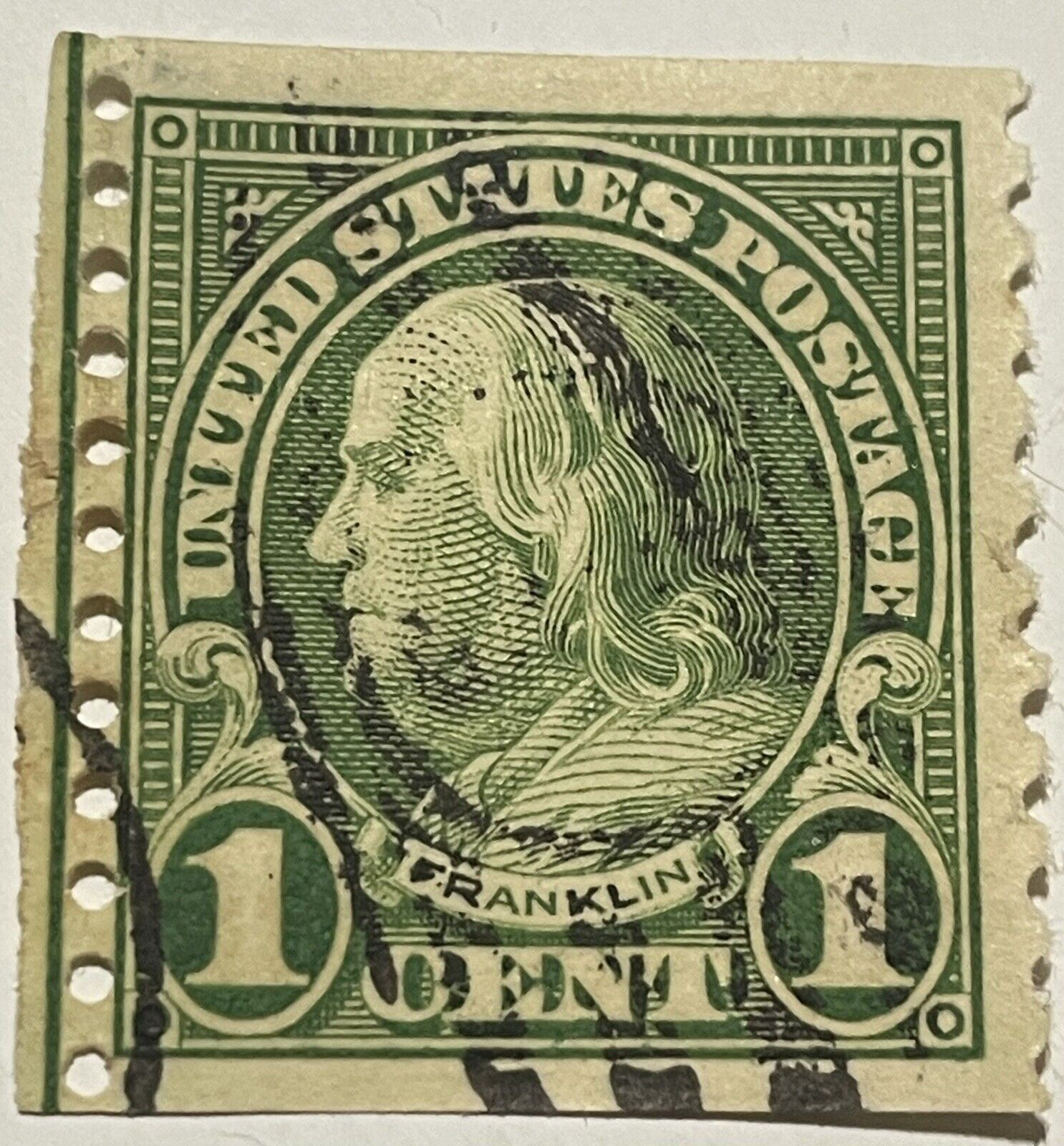 Rare MISCUT US Ben Franklin 1 Cent Green Stamp