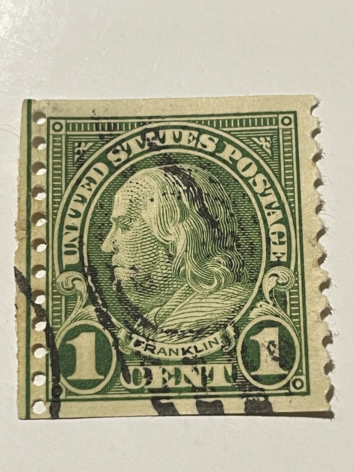 Rare MISCUT US Ben Franklin 1 Cent Green Stamp