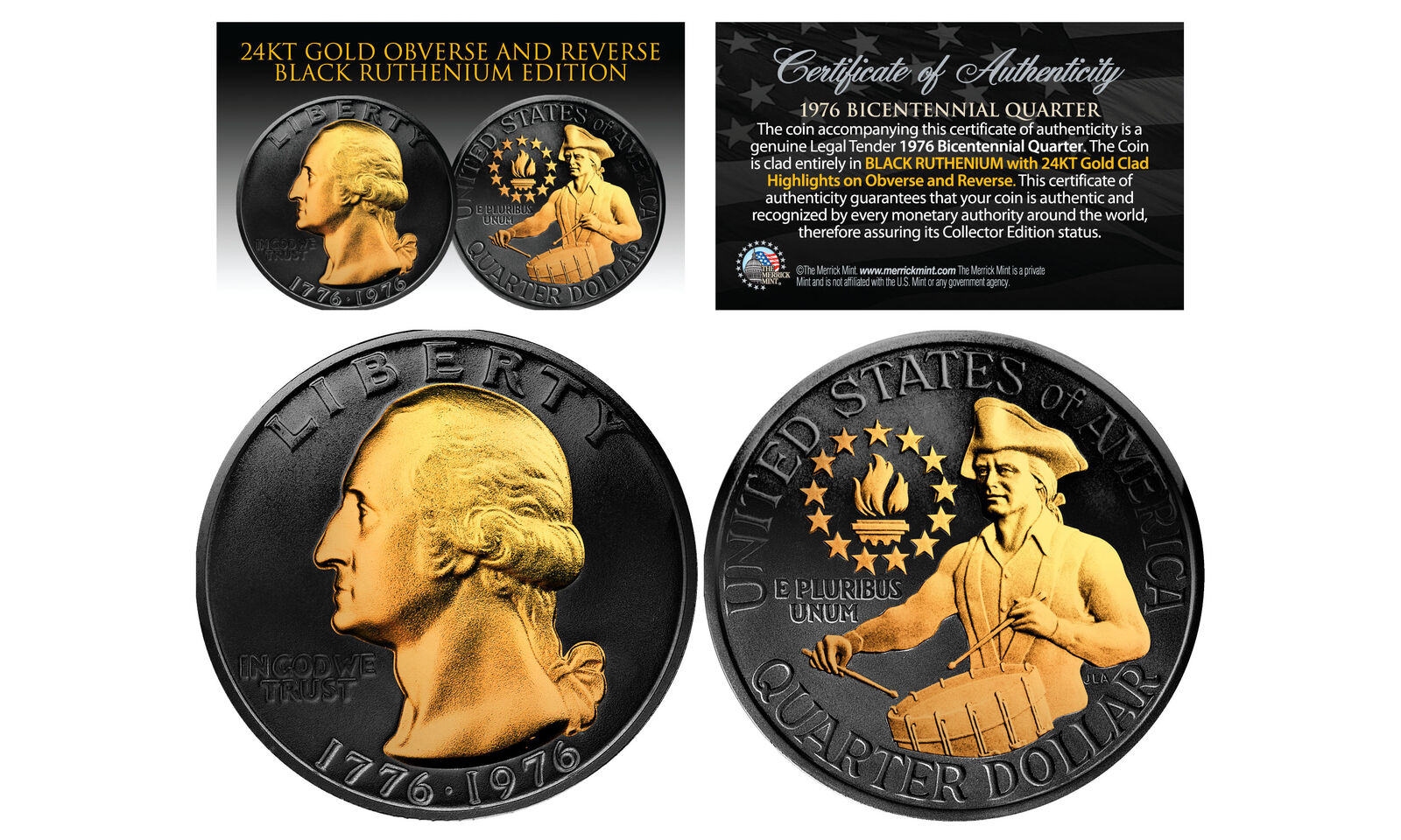 1976 Black Ruthenium Bicentennial US Quarter Coin 24K