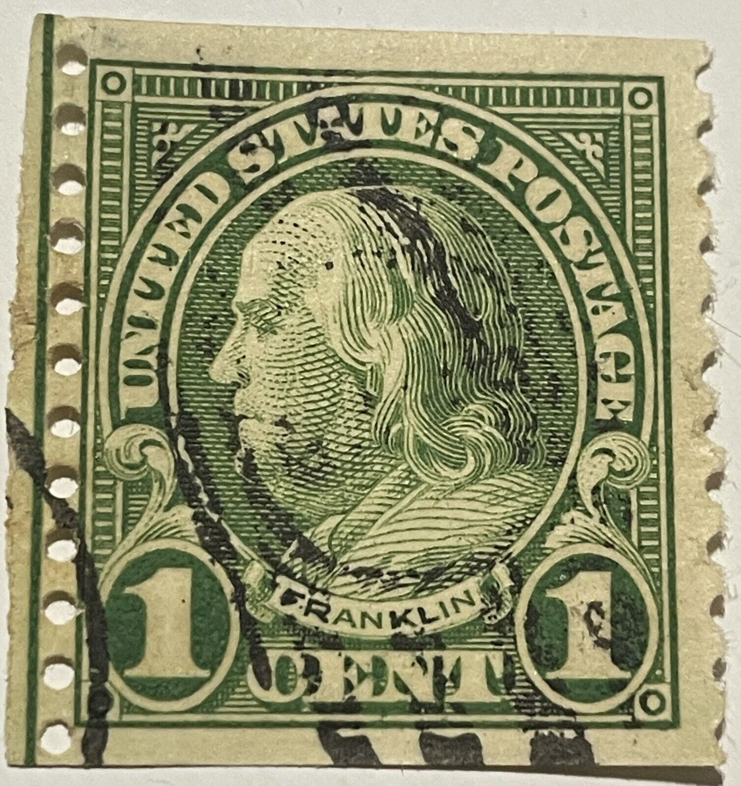Rare MISCUT US Ben Franklin 1 Cent Green Stamp