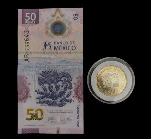 50 Pesos Bill & 20 Peso Coin Mexico