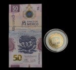 50 Pesos Bill & 20 Peso Coin Mexico