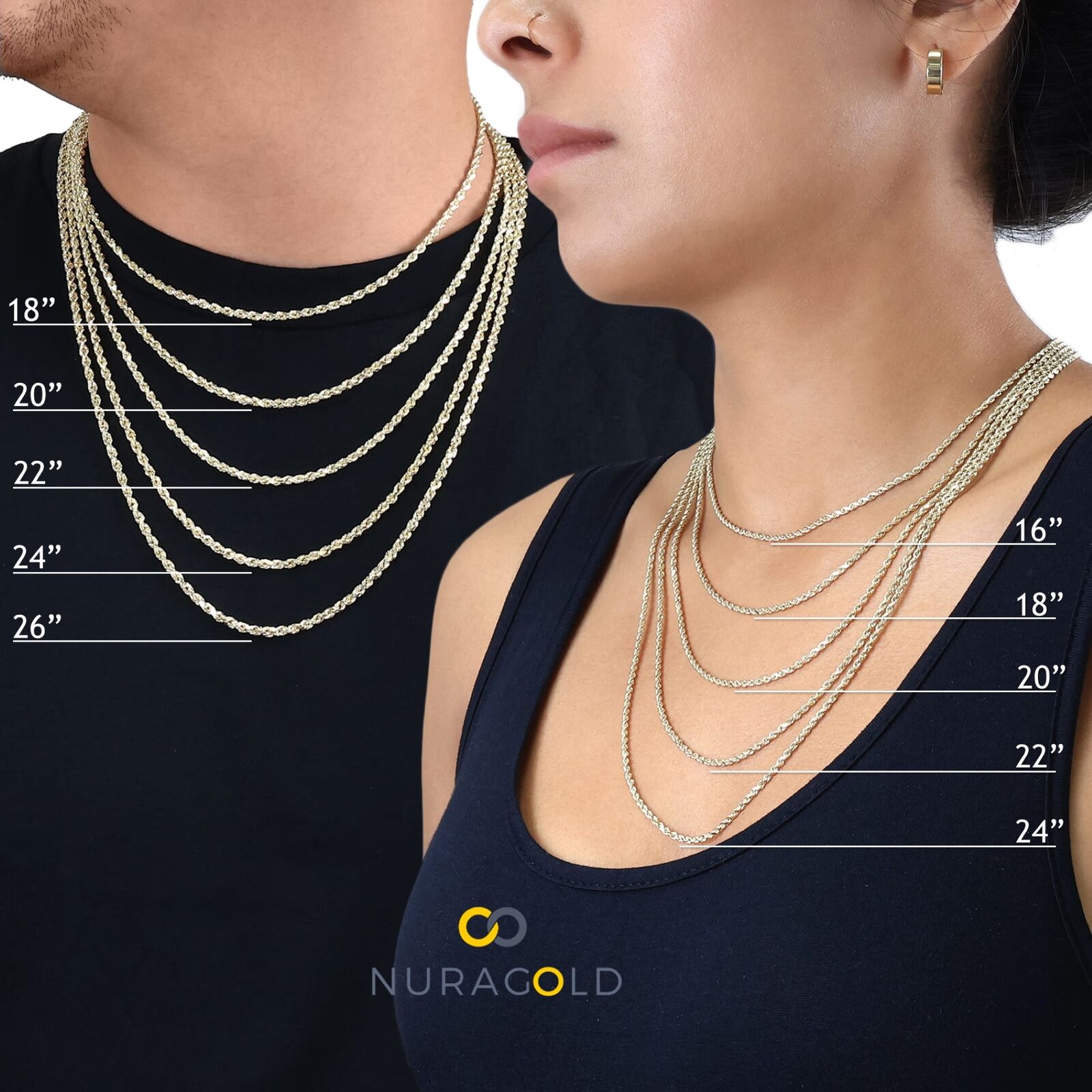 14K Yellow Gold Cuban Link Chain Necklace, 2mm-7.5mm