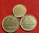 EGYPTIAN 3 COINS 5,2,1 piasters ISSUED 1984  and paper money 5 Piastres UNC 