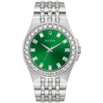 Bulova Men's Quartz Crystal Accents Green Dial Silver Tone Watch 42mm 96A253