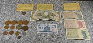 Vintage Foreign Currency Bills and Coins Collection