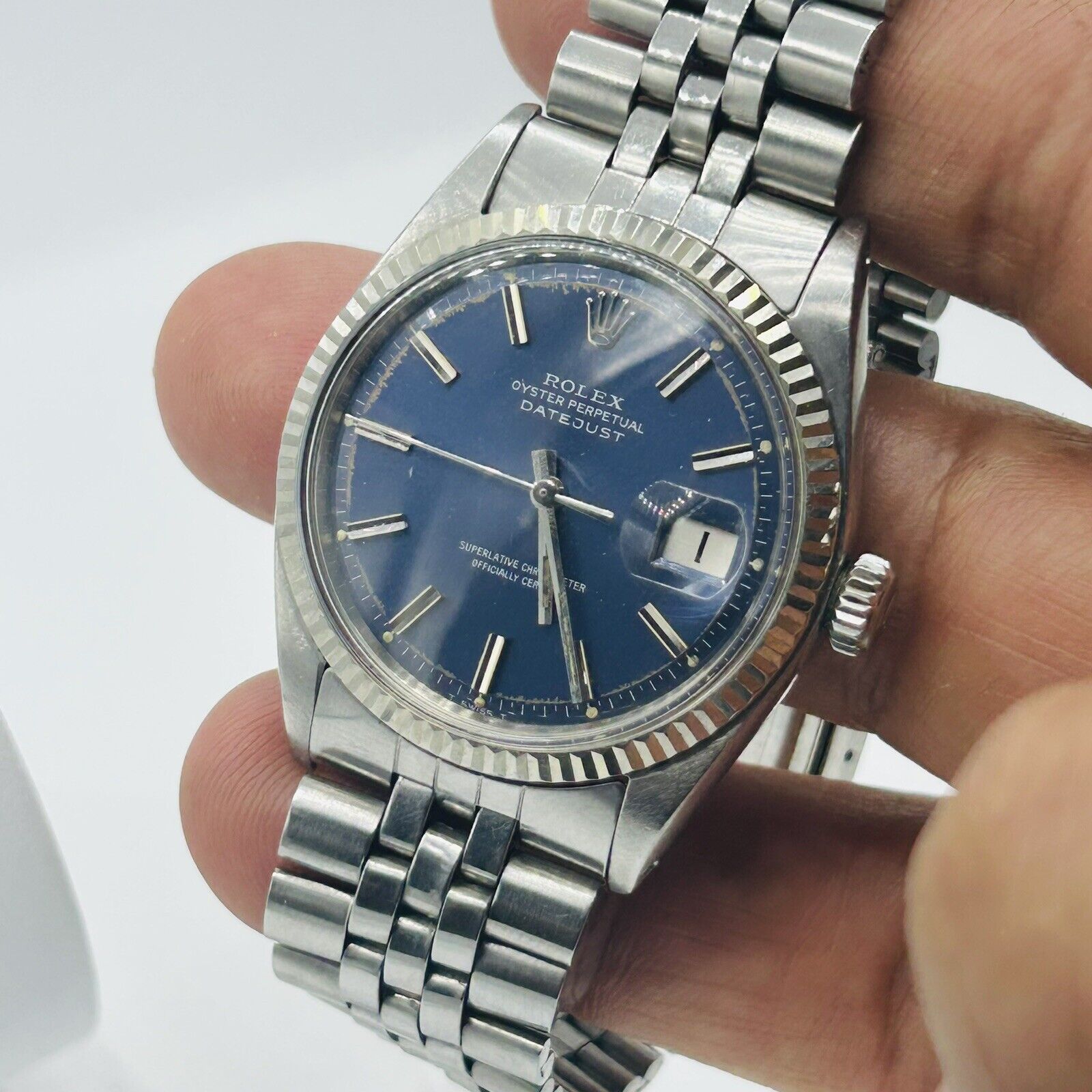 ROLEX MENS DATEJUST Blue Dial White Gold SS