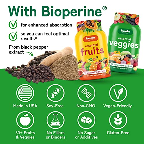 Kwala Nutrition Fruits and Veggies Supplement for Energy Balance - 90 Fruit & 90 Veggie Capsules - 2 Pack - Whole Food Fruit and Vegetable Supplements for Women & Men - Vegan, Soy Free, Made in USA