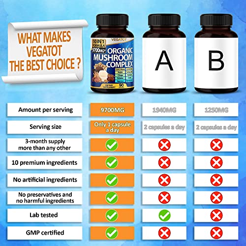 VEGATOT 10-in-1 Nootropic Mushroom Supplement - 3 Months