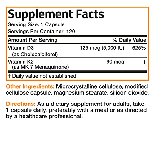 Bronson Vitamin K2 (MK7) with D3 Supplement Non-GMO Formula 5000 IU Vitamin D3 & 90 mcg Vitamin K2 MK-7 Easy to Swallow Vitamin D & K Complex, 120 Capsules