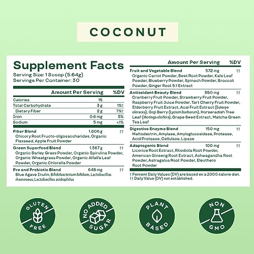 Bloom Nutrition Super Greens Powder Smoothie & Juice Mix - Probiotics for Digestive Health & Bloating Relief for Women, Digestive Enzymes with Superfoods Spirulina & Chlorella for Gut Health (Coconut)