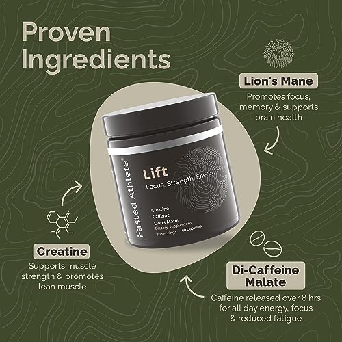 Fasted Athlete – Lift – Daily Energy Supplement, Organic Lion’s Mane Mushroom for Focus and Boosted Cognition + Creatine for Sustained Energy and Strength, 60 Count