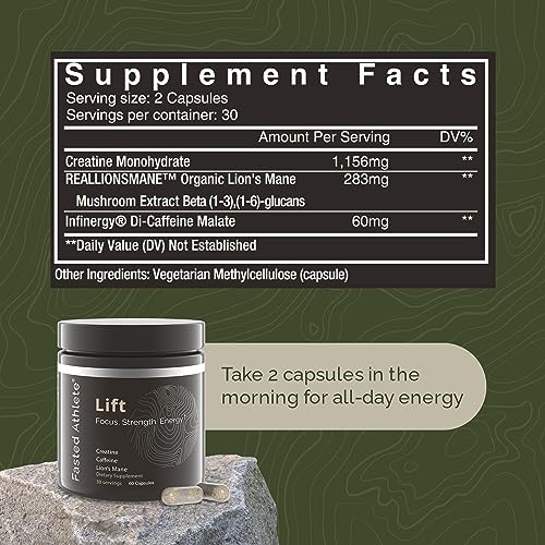 Fasted Athlete – Lift – Daily Energy Supplement, Organic Lion’s Mane Mushroom for Focus and Boosted Cognition + Creatine for Sustained Energy and Strength, 60 Count