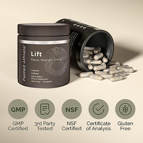 Fasted Athlete – Lift – Daily Energy Supplement, Organic Lion’s Mane Mushroom for Focus and Boosted Cognition + Creatine for Sustained Energy and Strength, 60 Count
