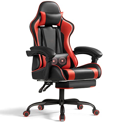 Red Gaming Chair with Footrest, Massage Lumbar Support