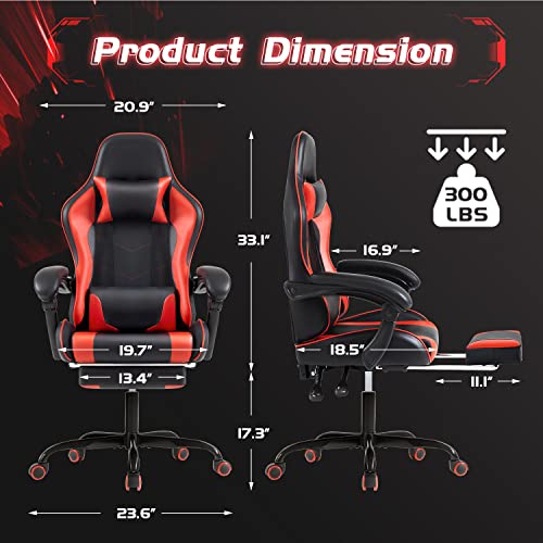 Red Gaming Chair with Footrest, Massage Lumbar Support