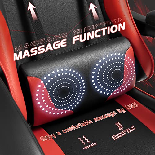 Red Gaming Chair with Footrest, Massage Lumbar Support