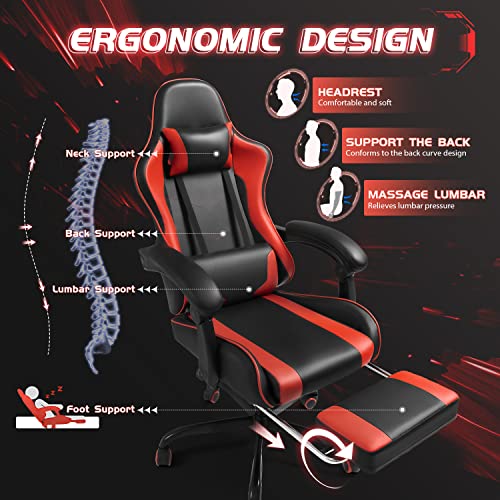 Red Gaming Chair with Footrest, Massage Lumbar Support