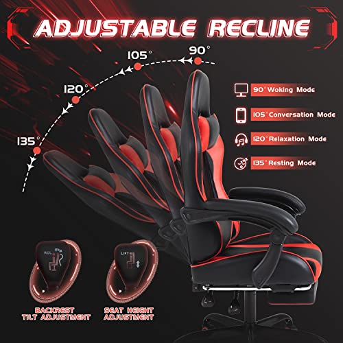 Red Gaming Chair with Footrest, Massage Lumbar Support