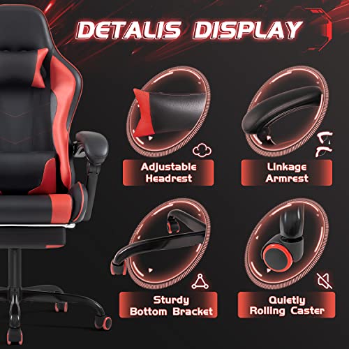 Red Gaming Chair with Footrest, Massage Lumbar Support