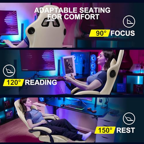 GTPLAYER Gaming Chair with Footrest, Bluetooth Speakers - Ivory