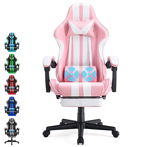 Ferghana Pink Gaming Chair with Footrest, Massage, Xmas Gift