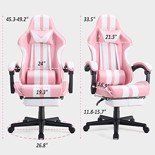 Ferghana Pink Gaming Chair with Footrest, Massage, Xmas Gift