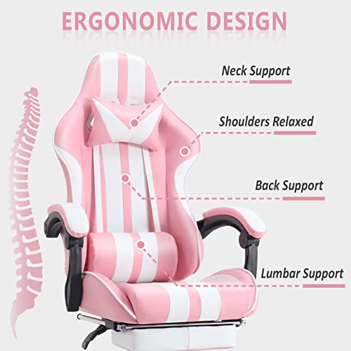 Ferghana Pink Gaming Chair with Footrest, Massage, Xmas Gift