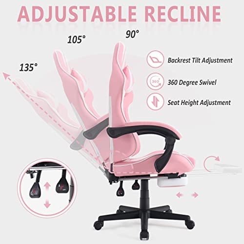 Ferghana Pink Gaming Chair with Footrest, Massage, Xmas Gift