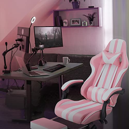 Ferghana Pink Gaming Chair with Footrest, Massage, Xmas Gift