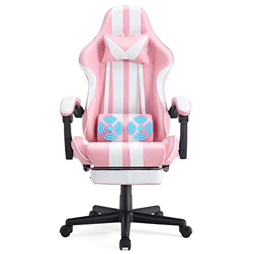 Ferghana Pink Gaming Chair with Footrest, Massage, Xmas Gift
