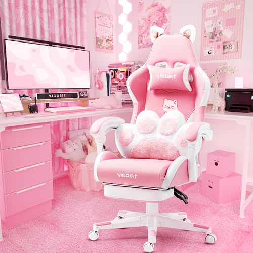 Pink Gaming Chair with Cat Paw Lumbar Cushion