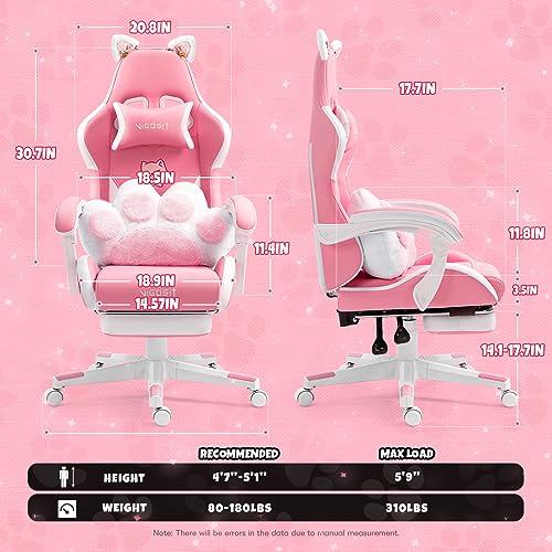 Pink Gaming Chair with Cat Paw Lumbar Cushion