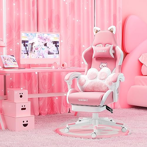 Pink Gaming Chair with Cat Paw Lumbar Cushion