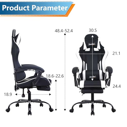 Ergonomic Racing Gaming Chair with Footrest and Support, White
