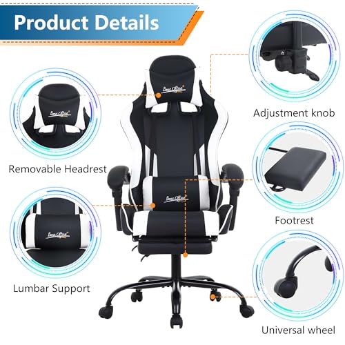 Ergonomic Racing Gaming Chair with Footrest and Support, White