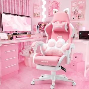 Pink Gaming Chair with Cat Paw Lumbar Cushion