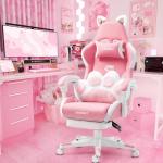 Pink Gaming Chair with Cat Paw Lumbar Cushion