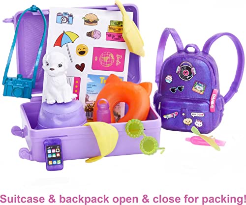 Barbie It Takes Two Doll & Accessories, Travel-Themed Set with Puppy, Working Suitcase, Sticker Sheet & 10+ Pieces