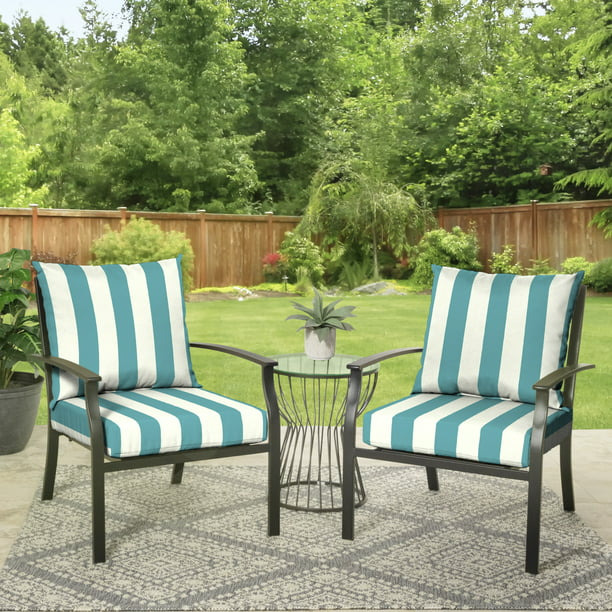 Turquoise Stripe Rectangle Outdoor Deep Seat Cushion Set