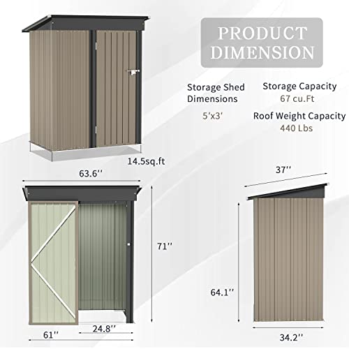 5' x 3' Metal Outdoor Storage Shed for Garden